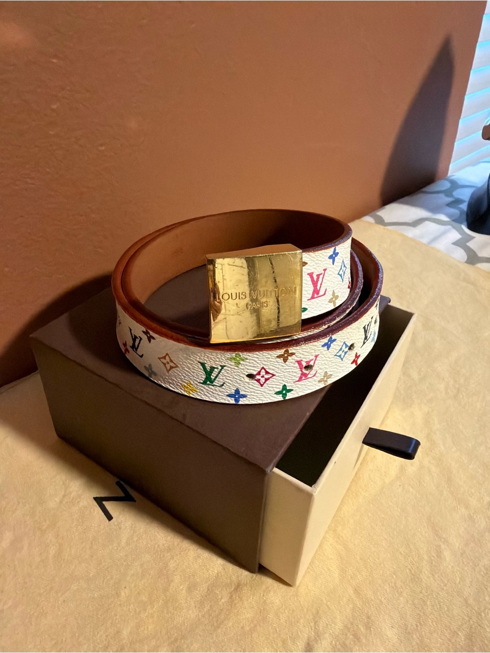 Louis Vuitton White Multicolor Monogram Leather Belt with Gold Buckle